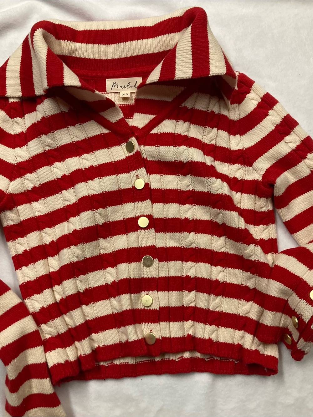 Marled Red & Cream Striped Knit Cardigan with Gold Buttons - Kids